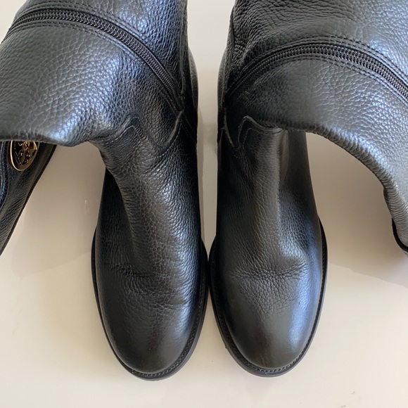 Tory Burch Black Leather Gold Logo Tall Boots - Picture 6 of 11